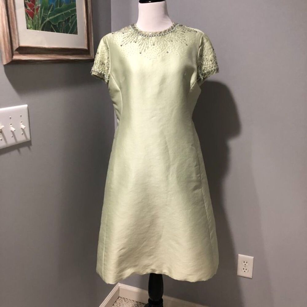 Vtg Jean Lutece 2 Piece 1960s Pale Green Beaded Dress & Matching Coat Sz 14 View 5
